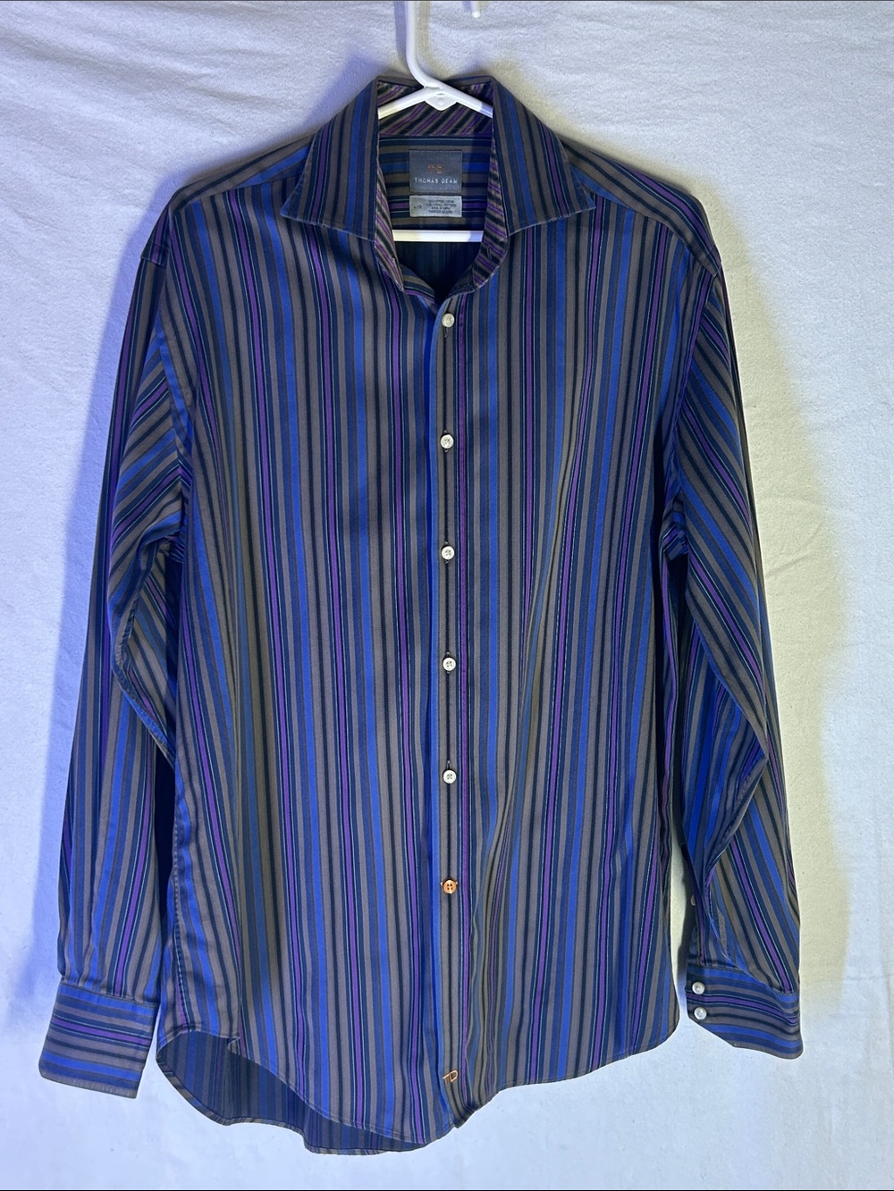 Thomas Dean Blue and Black Vertical Stripe Dress Shirt